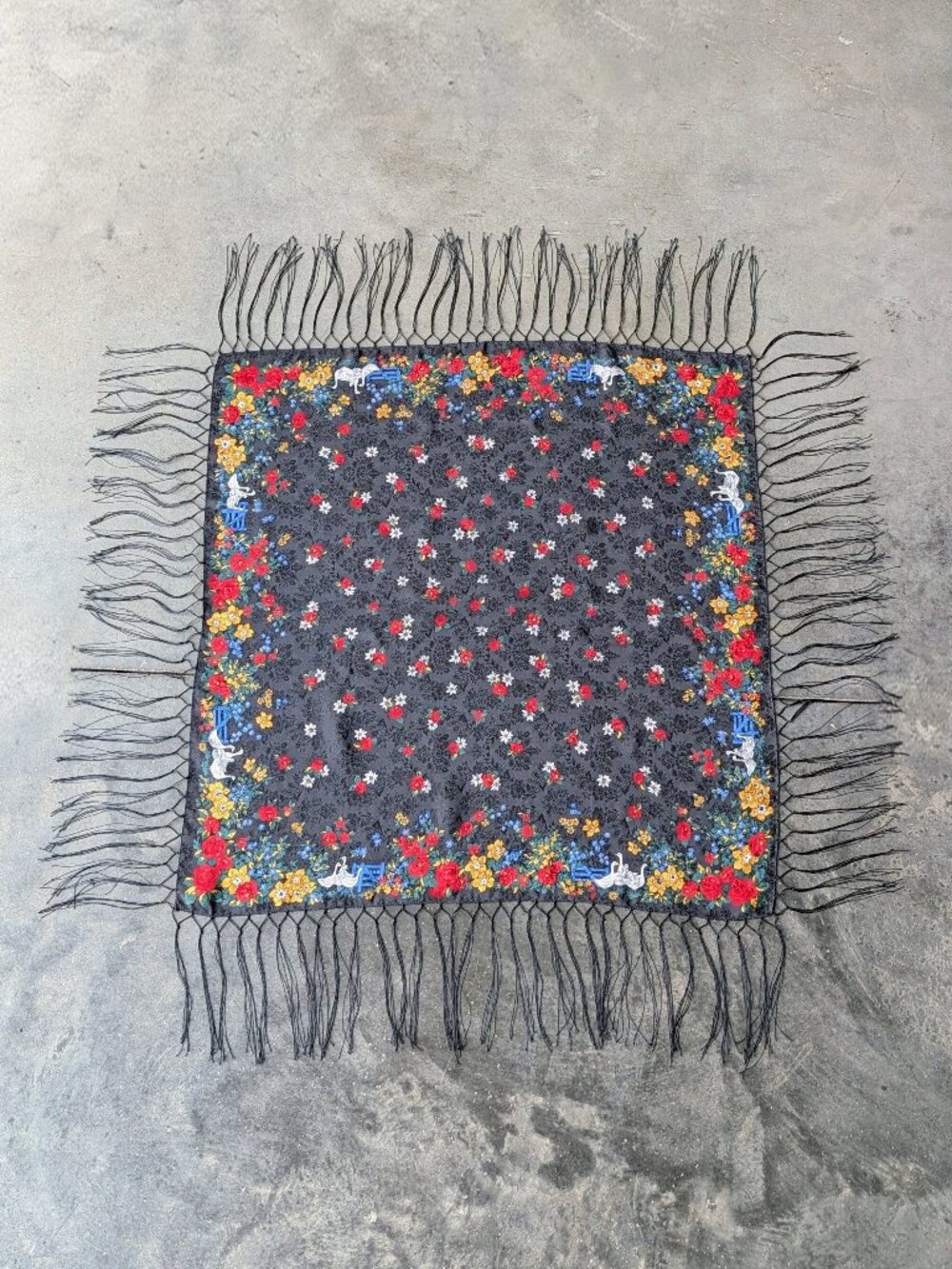 Vintage Silk Goose Scarf Black Floral Fringe Square Scarf - Picture 2 of 8